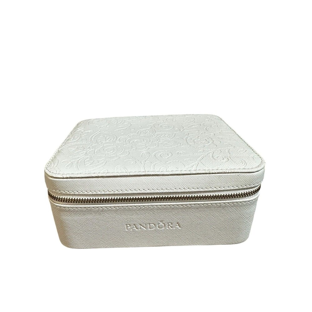 Pandora White Travel Jewelry Box Embossed Floral Gold Zipper Gray Velvet Lining